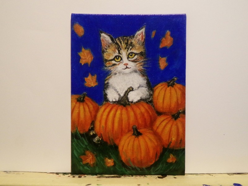 Original Cat Painting Kitten & Pumpkins 5x7 Pet Fall Modern Wall Art Decor gallery