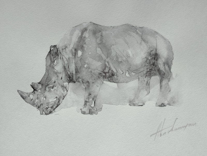 Rhinoceros, Animal, Watercolor artwork, Handmade, Original painting on paper