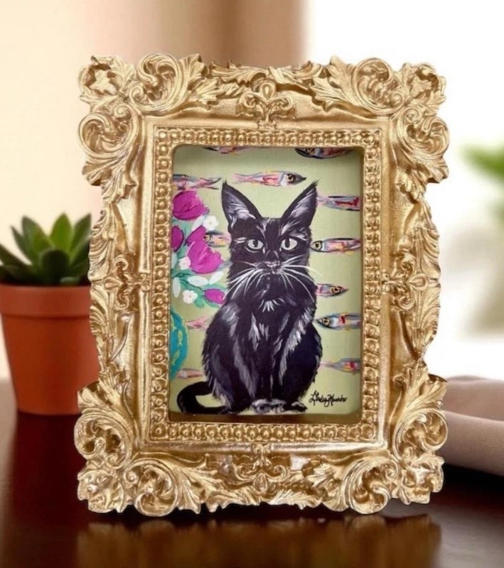 Black Cat with Fish background miniature art print in gold ornate frame