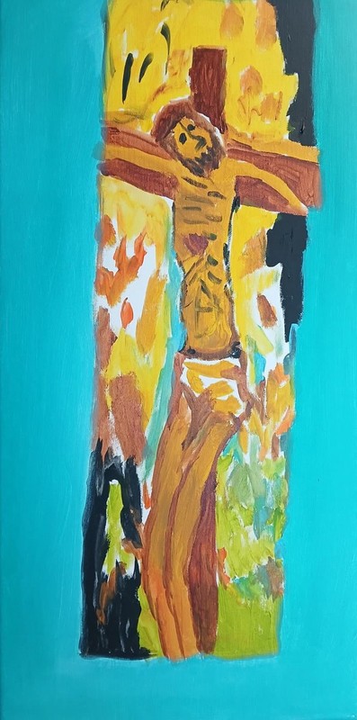 Abstract/Expressionism 12×20 Jesus On The Cross Colorful Acrylic Art Painting