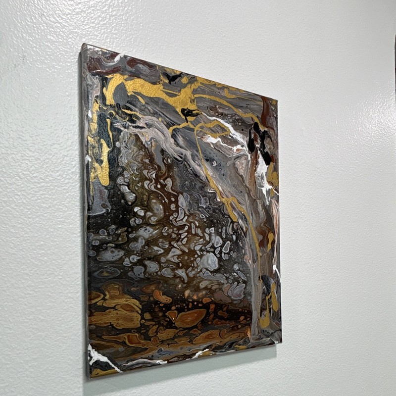 Abstract Fluid Pour Canvas Painting Black Gold Gray White Brown Unframed