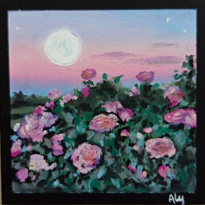 Original Mini Painting Moonlit Night Flowers Oil Pastel on Black Paper Art