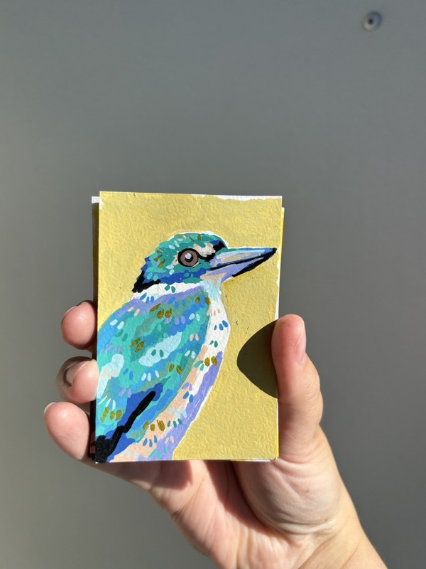 Abstract Collared Kingfisher ACEO ATC Original Acrylic Marker 2.5x3.5in gallery