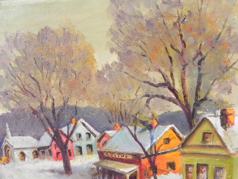 New England winter painting naive impressionist 1979 signed Titus poss. Vermont gallery