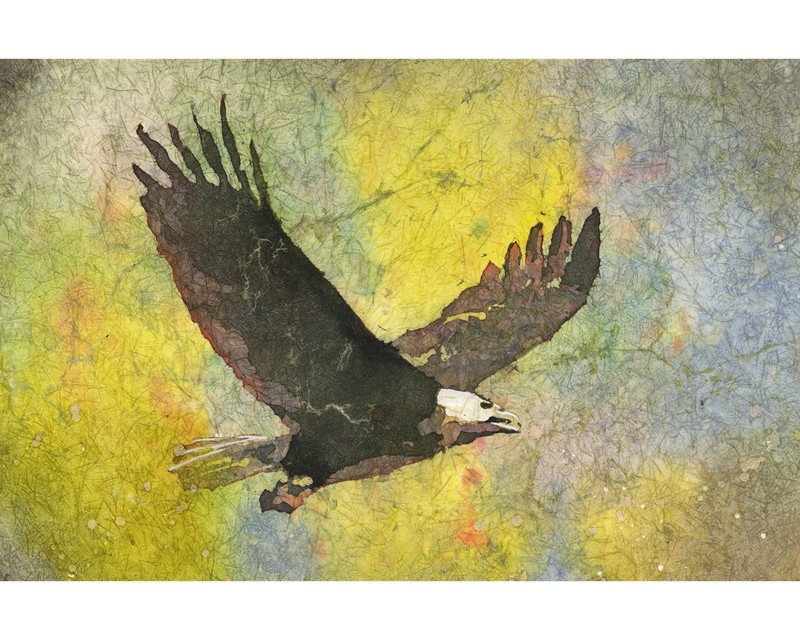 Bald Eagle flying air colorful watercolor batik painting handmade item original