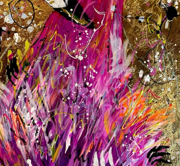 Mary Myers Original Abstract Flamingo Painting Gold Leaf Pink Modern Art 12x16 gallery