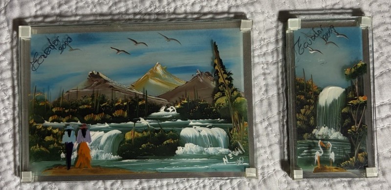 Ecuador Reverse Glass Folk Art Paintings Waterfall Scenes Signed Pair