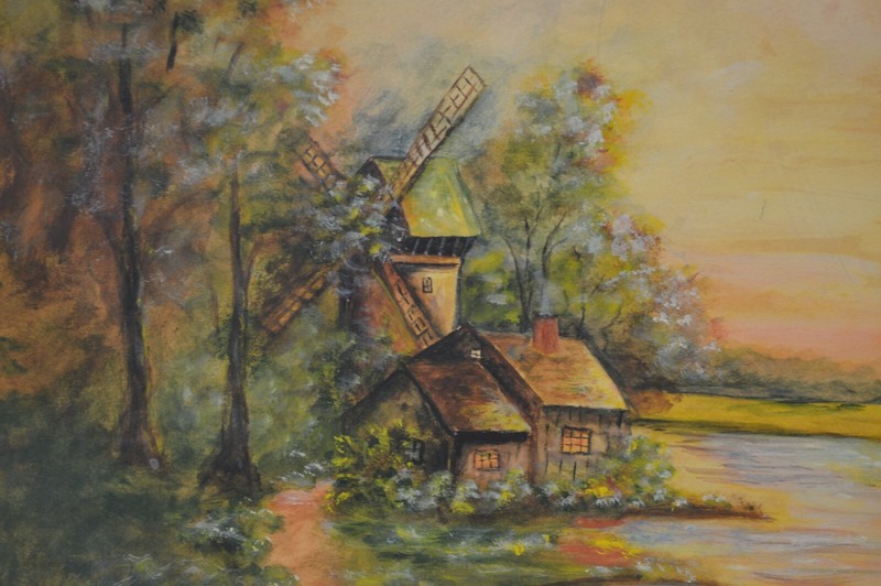 Landscape Windmill Waterfront Evening Sky ORIGINAL PAINTING Signed 1954 on Paper gallery