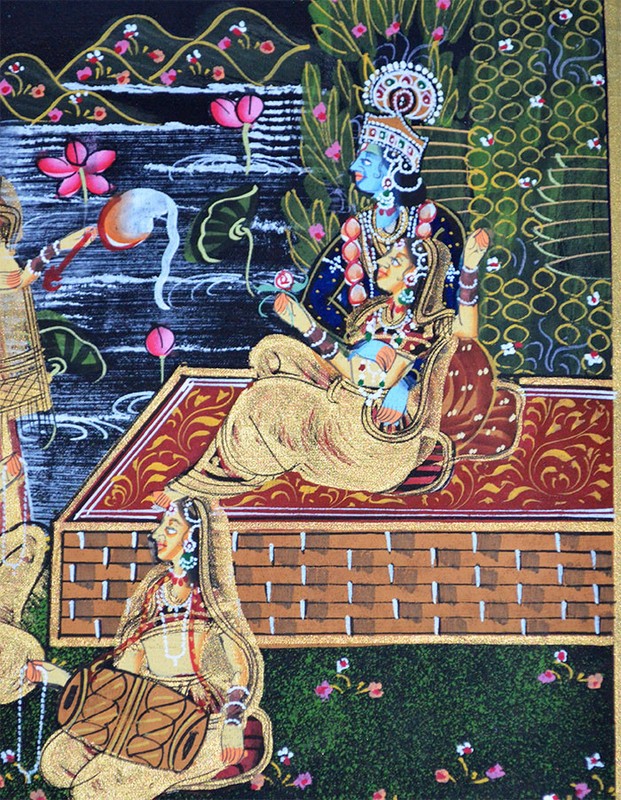 Radha Krishna Miniature Original Painting on Silk Cloth India Natural Colors! gallery