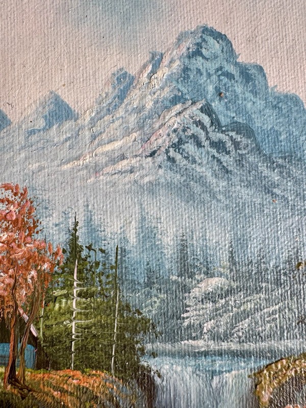 Vtg Kingman Framed Oil Painting Mountains Waterfall Cabin 13x15” Bob Ross Style gallery