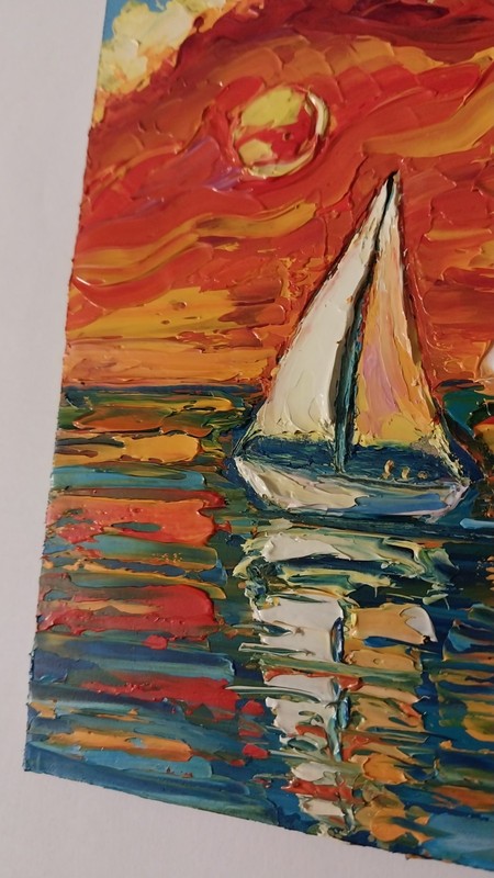 Framed Red Sunset Seascape Sailboat Art Mini Seascape 4x6” Original Oil Painting gallery