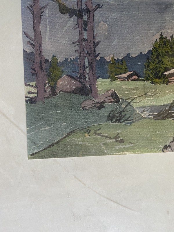 ::WATERCOLOUR A. LEMKE SIGNED °ALPS COTTAGE MOUNTAINS FRAME LANDSCAPE NATURE ANTIQUE gallery