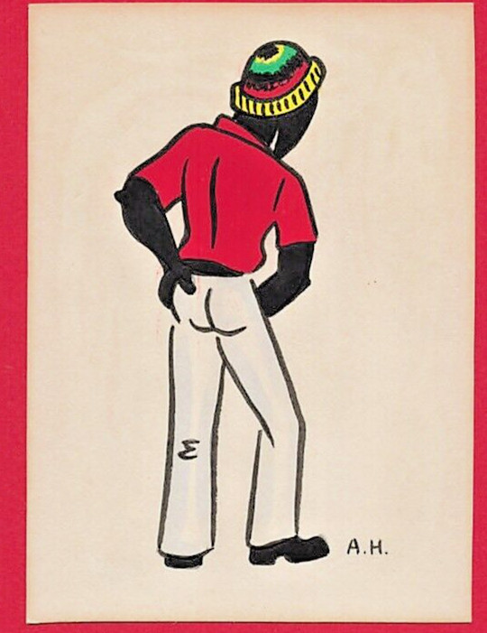 Jamaican Man Rasta Hat Rear Profile Lithograph Mounted on 5×6.5 in Red Cardstock