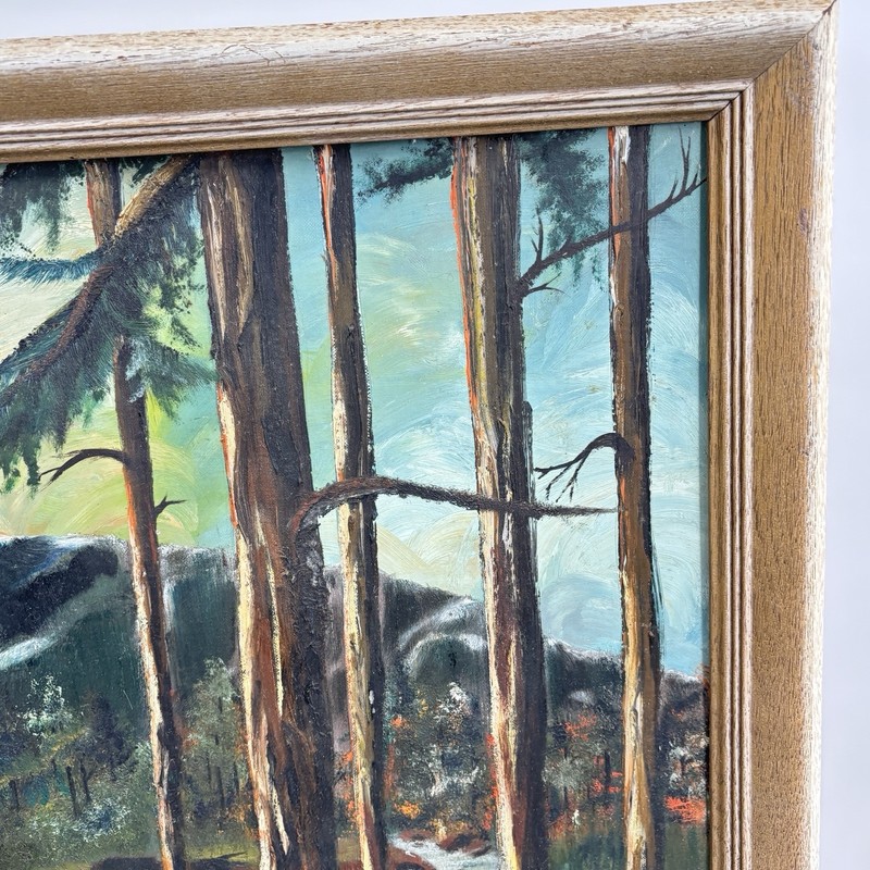 Vintage Landscape Painting River Pines Mountain Moody Oil Style Framed 21x27 gallery