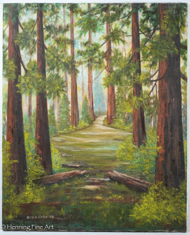 Vintage Betty Estes Impressionist Painting of Wooded Landscape Forest Path 30×24