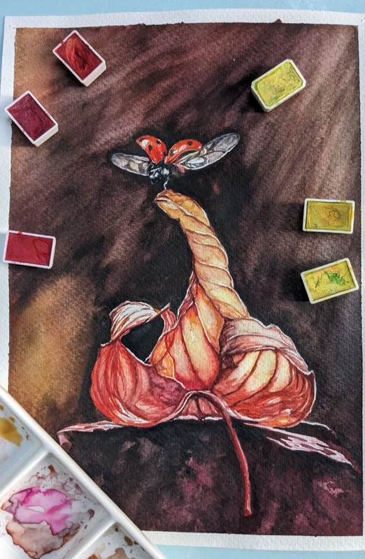 Autumn Orange Leaf & Ladybug Watercolor Painting Seasonal Fall Flying Insect Art gallery