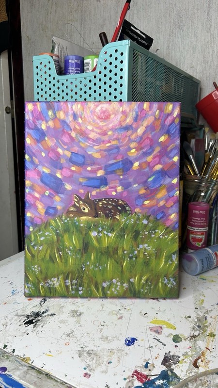 Whimsy Original Acrylic Painting of Fawn Resting on Grass with Flowers on Canvas