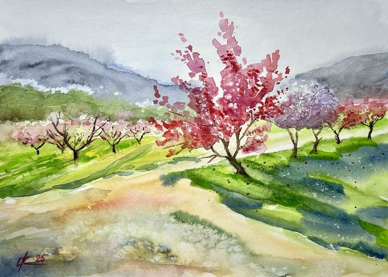 Bright Rose Tree peach blossom farm fields, home decor Original Watercolor A4