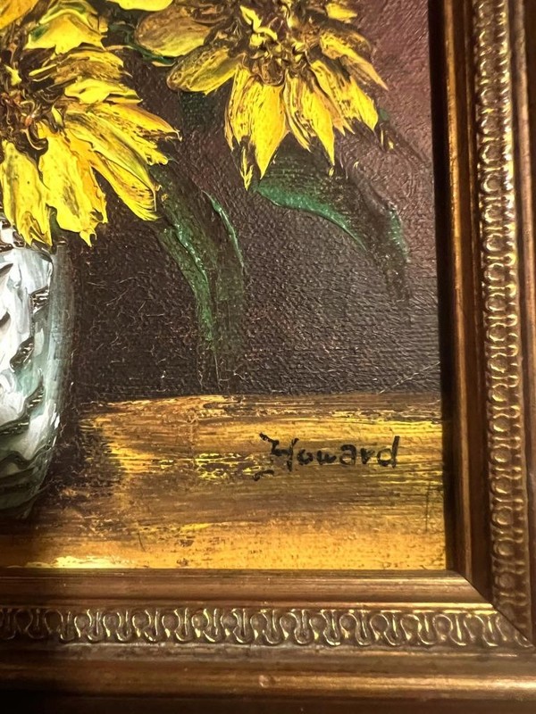 Vintage Oil Painting Floral Still Life Sunflowers Flowers Artist Signed Howard gallery