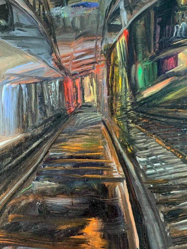 SUBWAY ADVENTURE Arthur Robins Original OIL Painting cityscape New York Subway gallery