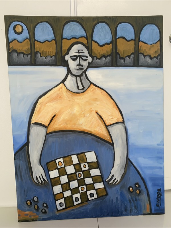 Original Large Painting Chess Checkers Man 40” X 30” Abstract Coffee Shop Art gallery