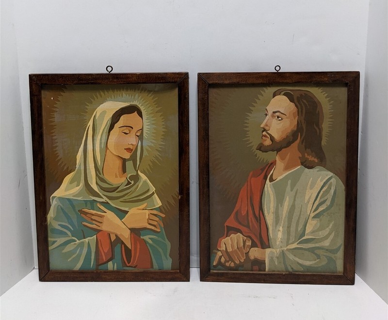 RARE Pair DOUBLE SIDED Vintage Paint By Number Paintings Jesus and Mary Framed