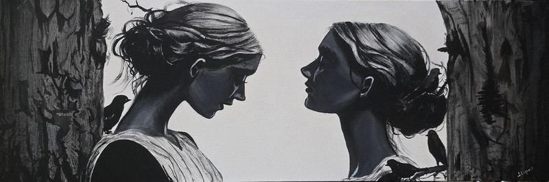 Monochrome Acrilic paint Figurative Realism Two Women Facing Each Other 10 x 30