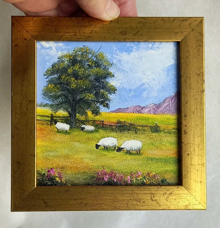 Original Oil Painting Summer Landscape Sheep grazing Village Wall Art 4 x 4 in
