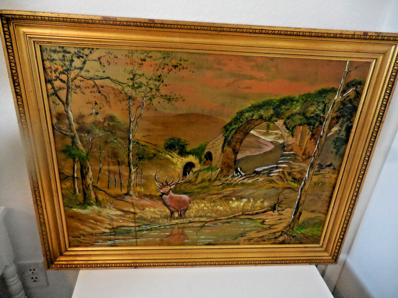 Vintage Acrylic Hard Board Painting by Marci Stowers Deer in Forest Wilderness