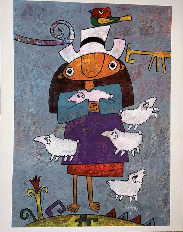 Original ‘18 A Buitron LADY SHEPHERDESS Sheep Folk Art Watercolor 11.75”x14.75”