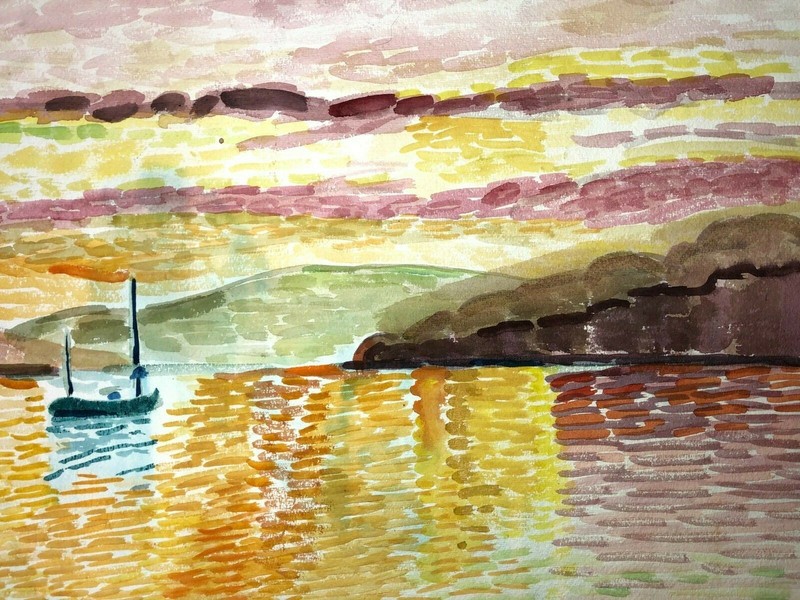Blue Boat in Yellow Water Impressionist Seascape W/C-1970s-Israel Louis Winarsky gallery