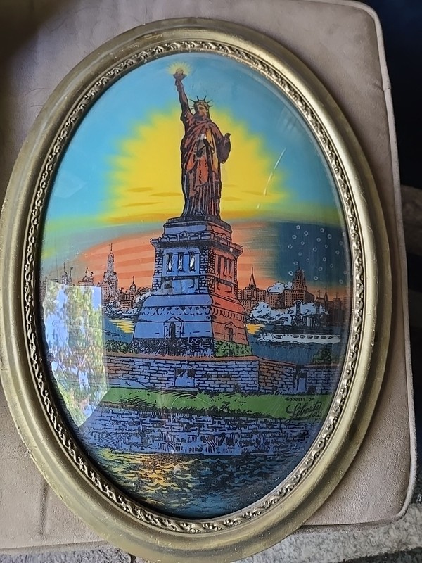Statue of Liberty Antique USA Art Deco Glass Painting Gold Gesso Gilt Wood Frame gallery