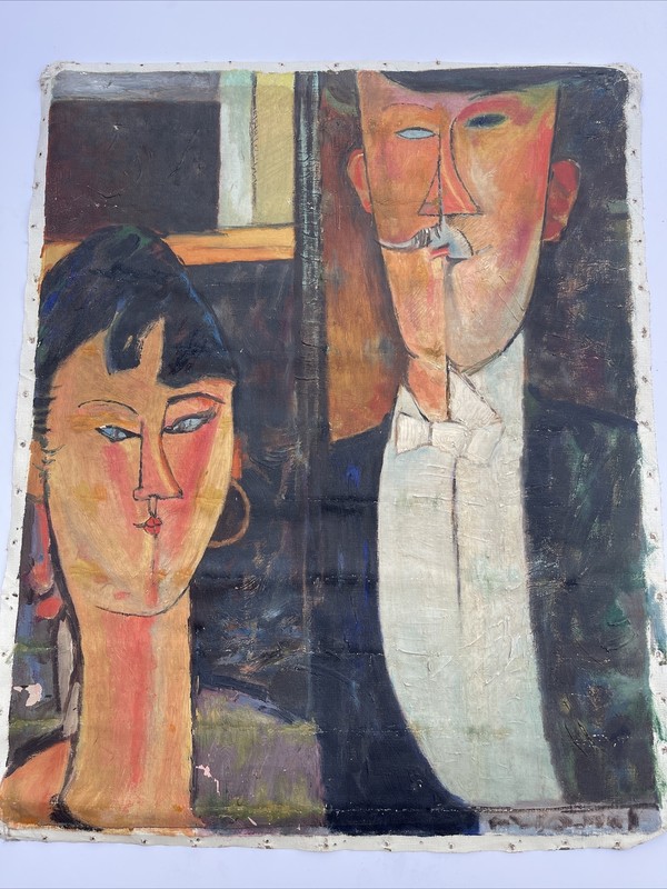 MID CENTURY PAINTING PORTRAIT BRIDE GROOM AFTER MODIGLIANI OLD MOVIE PROP RARE gallery