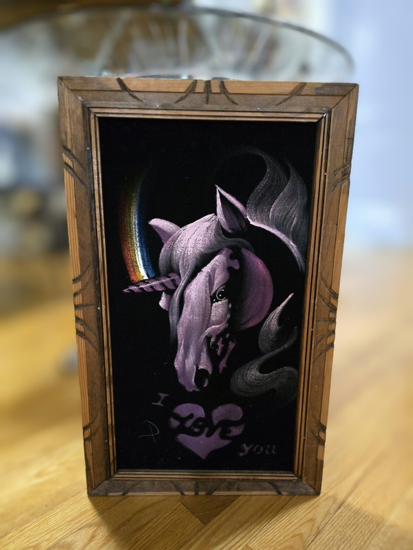 Pink Unicorn Black Velvet Painting Wood Frame Mexico Midcentury