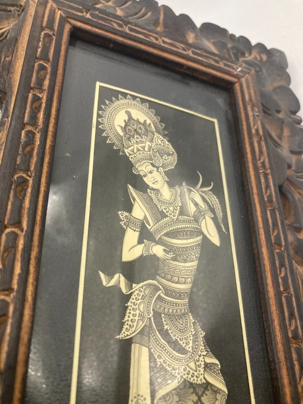 Vintage Bali Painting With Original Ornate Wood Carved Frame 34 x 19 cms gallery