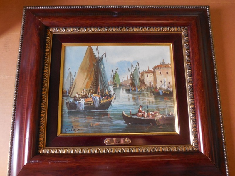 Venetian Canal framed oil on canvas sig. Soler probably spanish artist