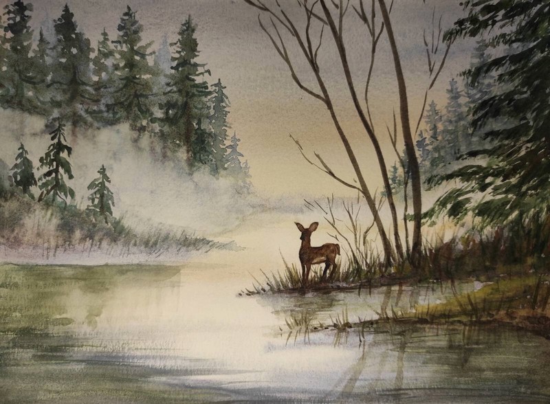 DEER FOGGY FOREST WILDLIFE Animal Original Artwork Painting Landscape Gift ArtA4