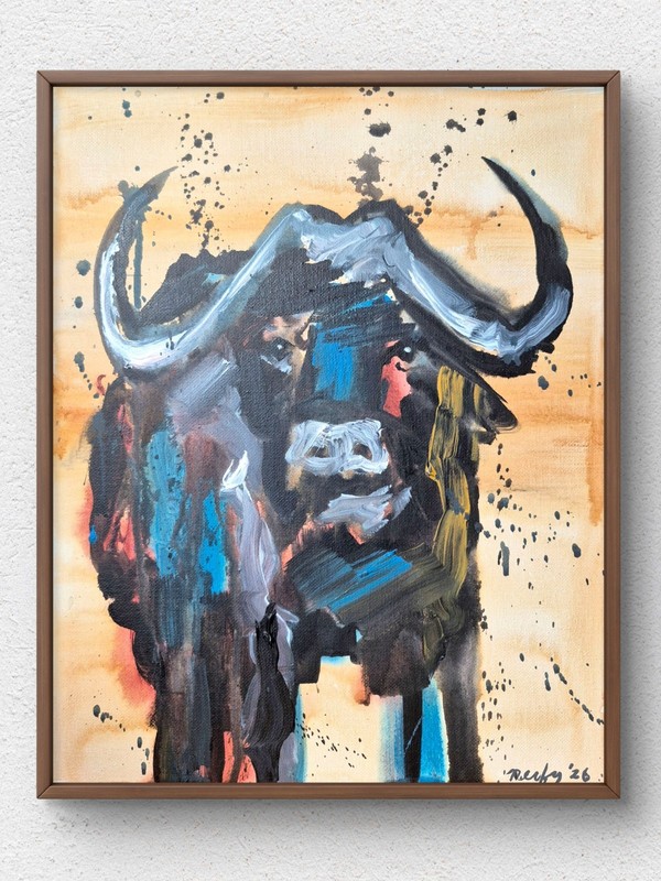 Original Bold 11×14 Buffalo Expressionist Acrylic Canvas Art Signed Colorful A36