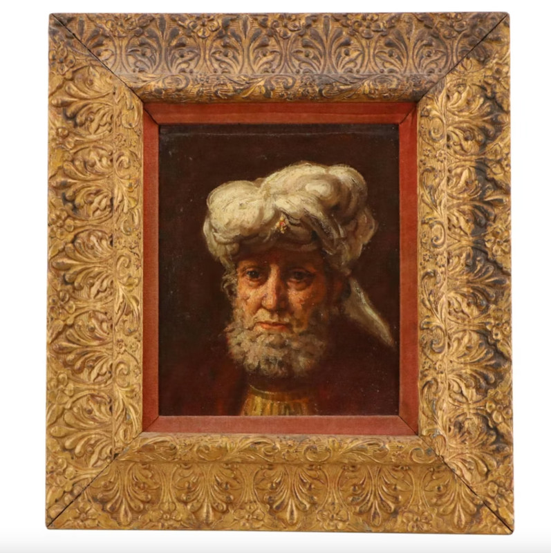 Antique Oil Painting After Rembrandt Man in Turban Portrait Ornate Gilt Frame 21