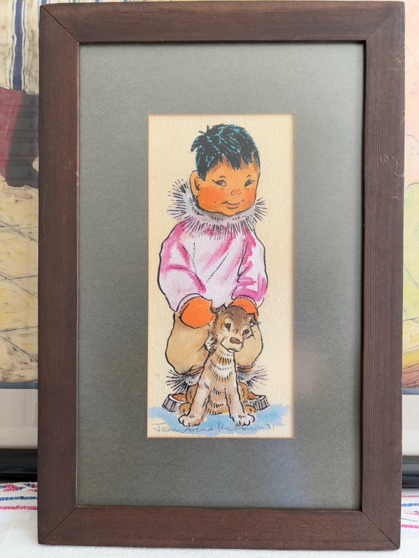 Vintage Framed Watercolor by Joan Arend Kickbush of Inuit boy Eskimo So Sweet
