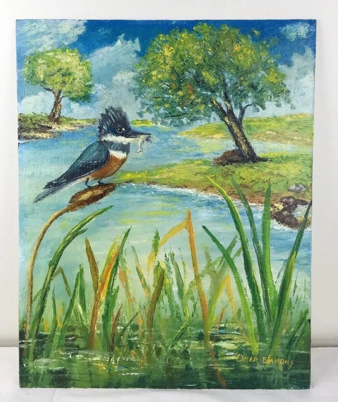 16 x 20 Oil Painting Kingfisher Bird w Fish Stream Cattails Trees Clouds signed