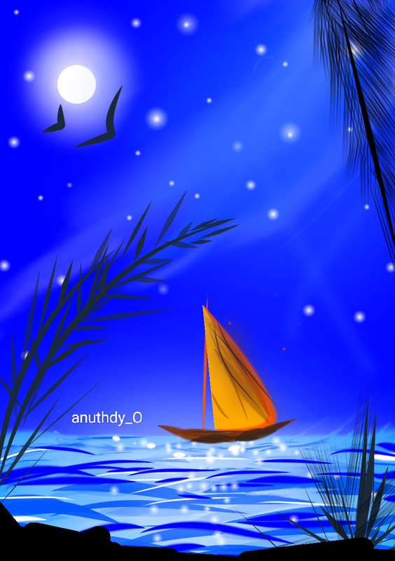ORIGINAL NIGHT SEA SAIL BOAT DIGITAL PAINTING FILE MOON SKY BIRDS PRINTABLE ART
