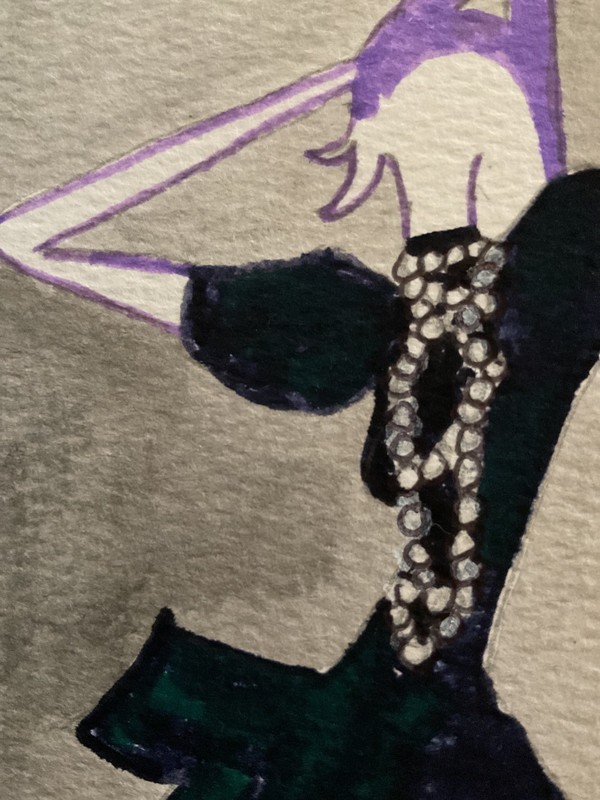 ACEO watercolor art by PJ, art card 2.5 x 3.5: lady and pearls