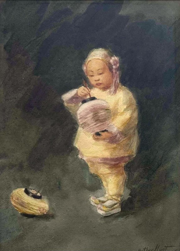 Esther Hunt -Original Watercolor -Chinese Child w/ Lanterns -S.F., California