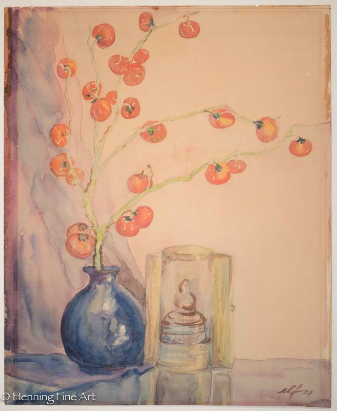 Beautiful Vintage Watercolor of Asian Still Life Bronze Buddha & Floral, Signed