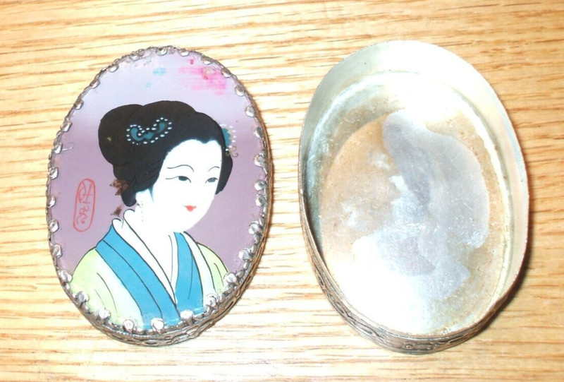 Antique Sgnd. Japan Miniature Oil Painting on Glass Top Metal Compact, Free Ship