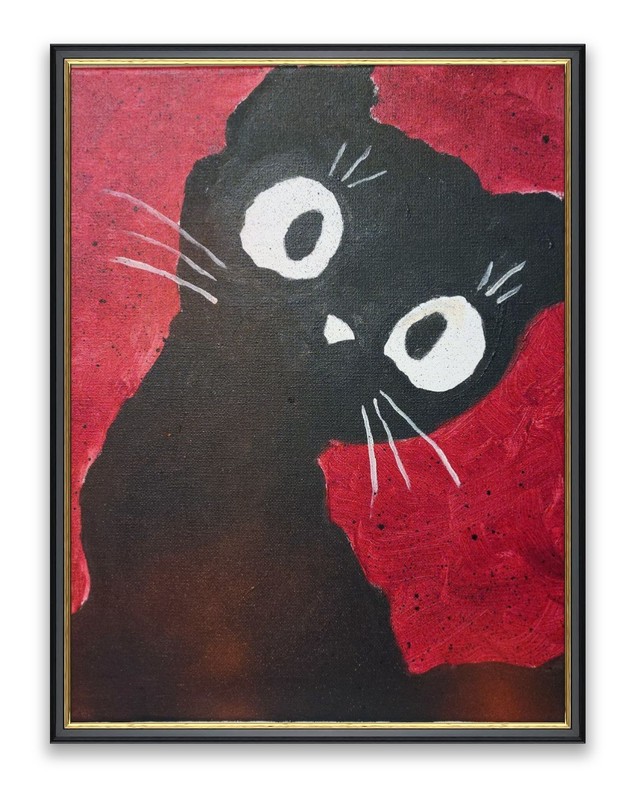 Black Cat Abstract Painting Canvas Art Red Background Whimsical Cat 11×14