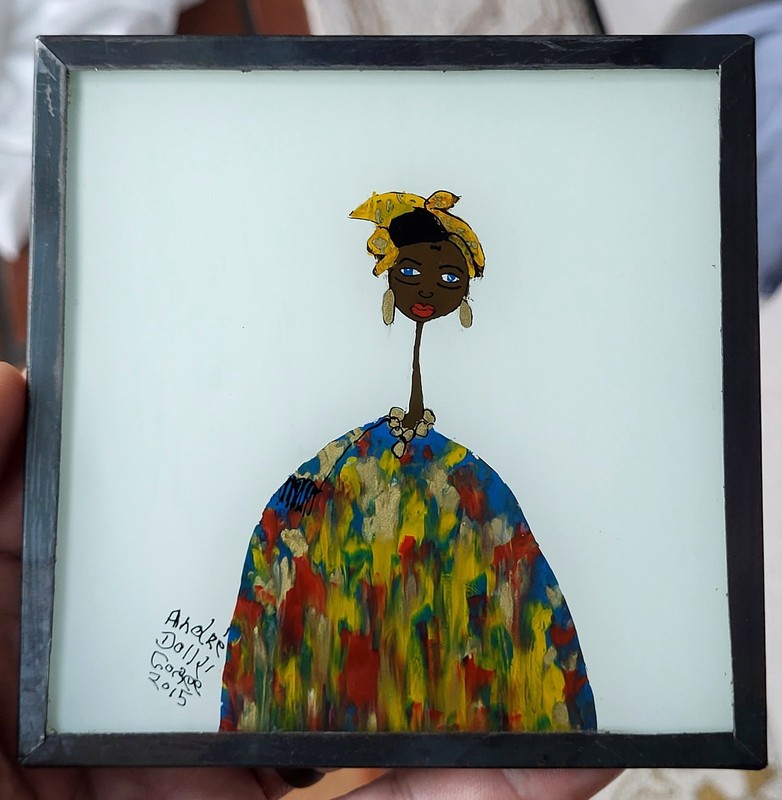 MAM GUEYE STUDIO Small Reverse Glass Painting SENEGAL WOMAN Metal Wrapped FRAMED