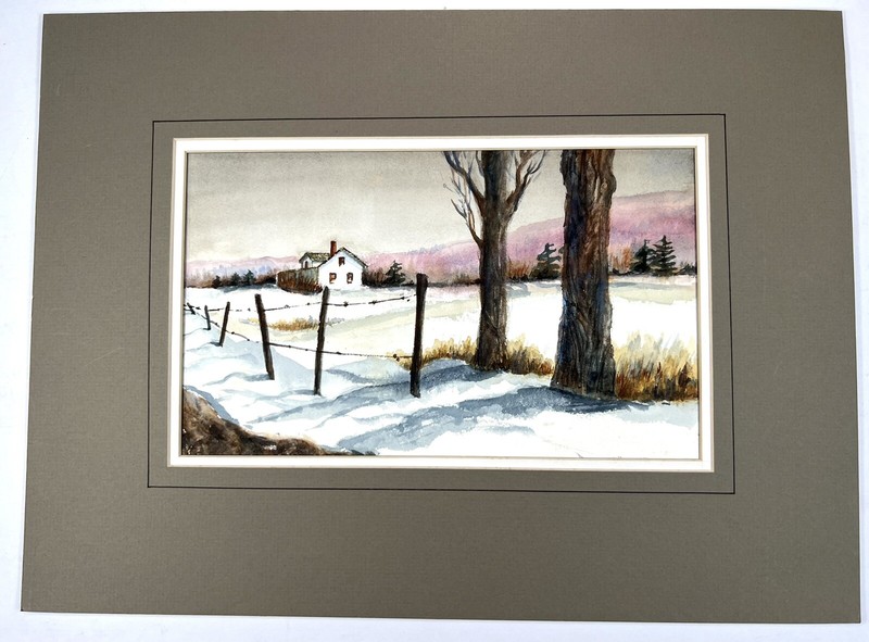 Vtg Watercolor Painting Barn In Winter Landscape Scene 12×16” Fine Art Snow