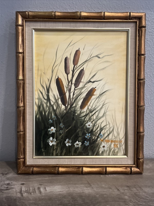 1985 Cat Tails Oil Painting Bamboo Ornate Frame Signed W. Hoedebeck 20x16 gallery